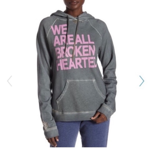 Free city We are All broken Hearted Gray Distressed Studded Hoodie Pullover L - Picture 3 of 10